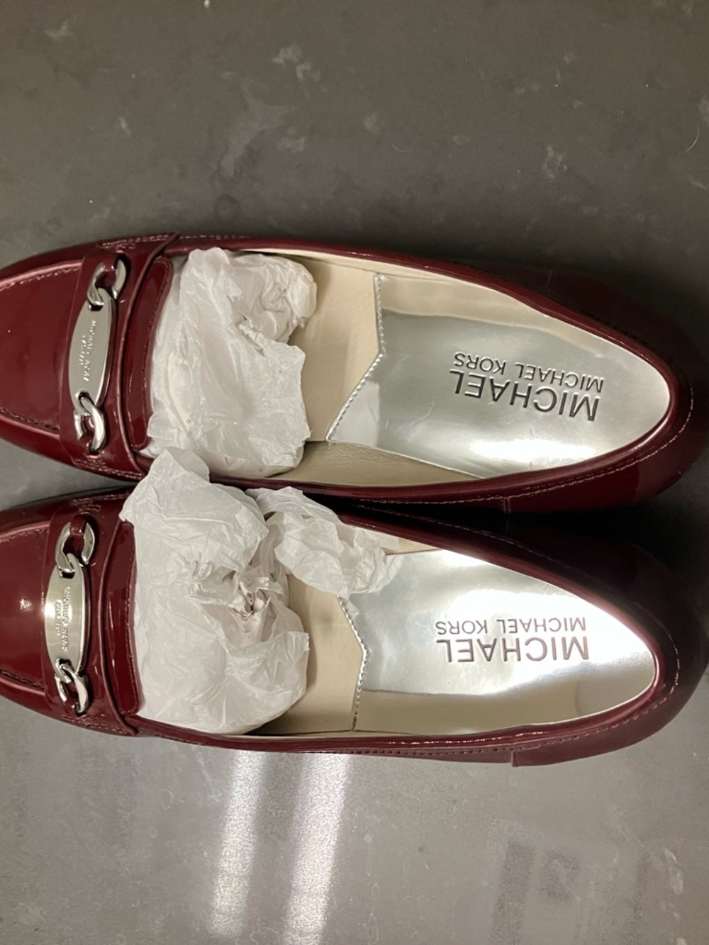 Michael Kors Women's Deep Burgundy Patent Leather Loafers with Silver Hardware